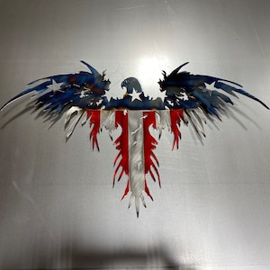 Eagle metal wall hanging heat created blue, patriotic metal art, metal flag, steel flag, USA flag, tattered flag, American eagle, warbird