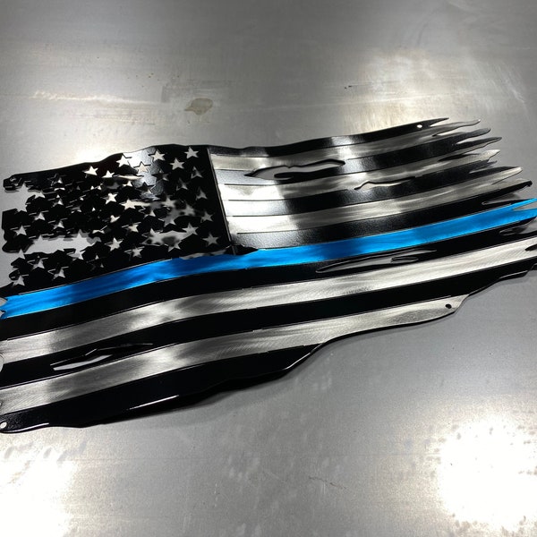 Thin Blue Line police officer metal flag.  Gift for police officer, detective, police chief steel flag