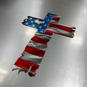 Rugged American Cross, Metal cross, American Flag, metal American flag, tattered cross, military gifts, veteran gift, patriotic home decor