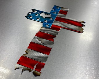Rugged American Cross, Metal cross, American Flag, metal American flag, tattered cross, military gifts, veteran gift, patriotic home decor