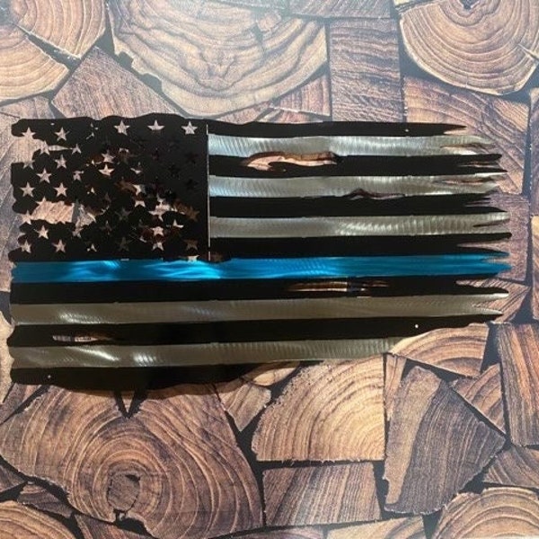 Thin Blue Line police officer metal flag.  Gift for police officer, detective, police chief steel flag