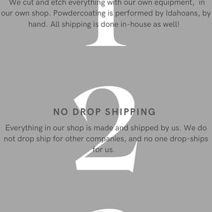 May include: A graphic with three numbered points highlighting facts about a small business called CNSCNC. The points are: No outsourcing, No drop shipping, and Idaho small business.