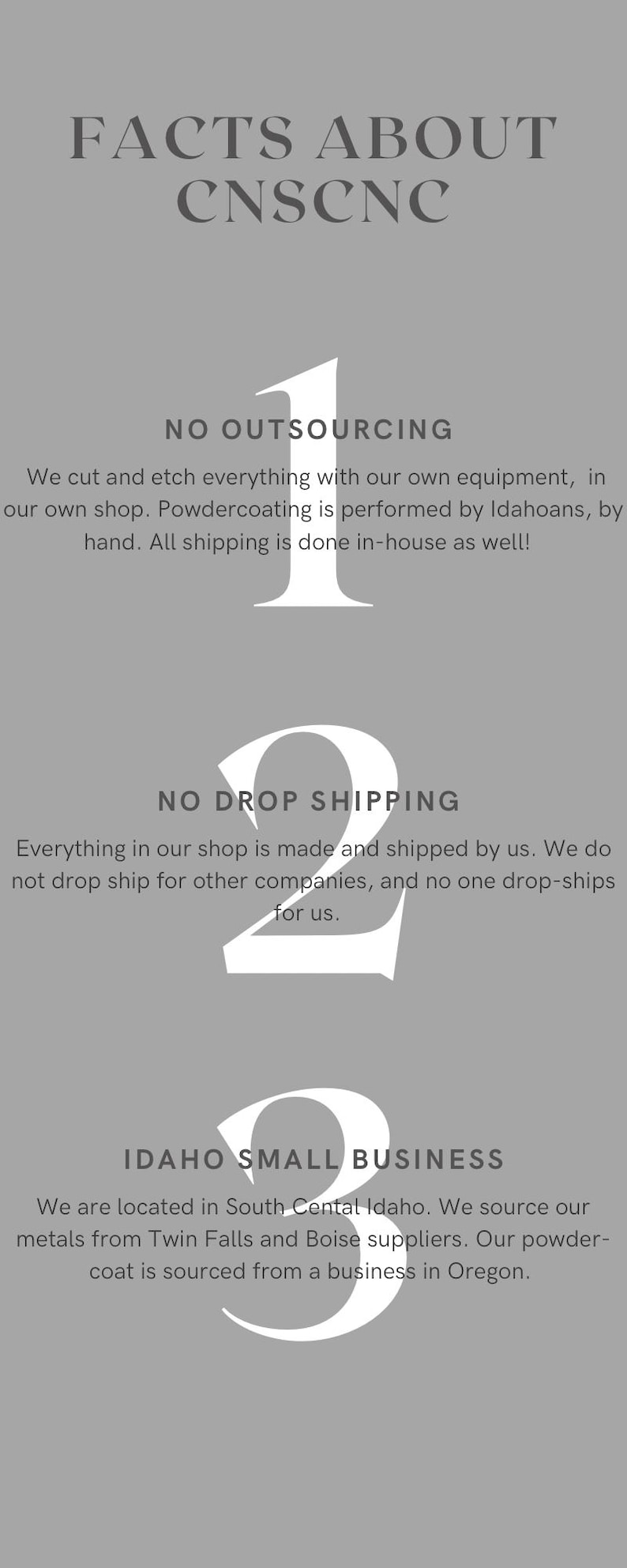 May include: A graphic with three numbered points highlighting facts about a small business called CNSCNC. The points are: No outsourcing, No drop shipping, and Idaho small business.
