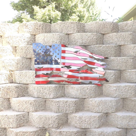 Metal American flag, steel flag, battle worn flag, torn and tattered American flag metal wall art metal art flag sign