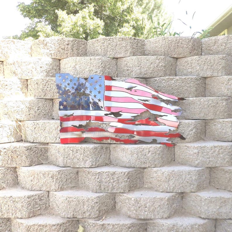 Metal American flag, steel flag, battle worn flag, torn and tattered American flag metal wall art metal art flag sign image 1