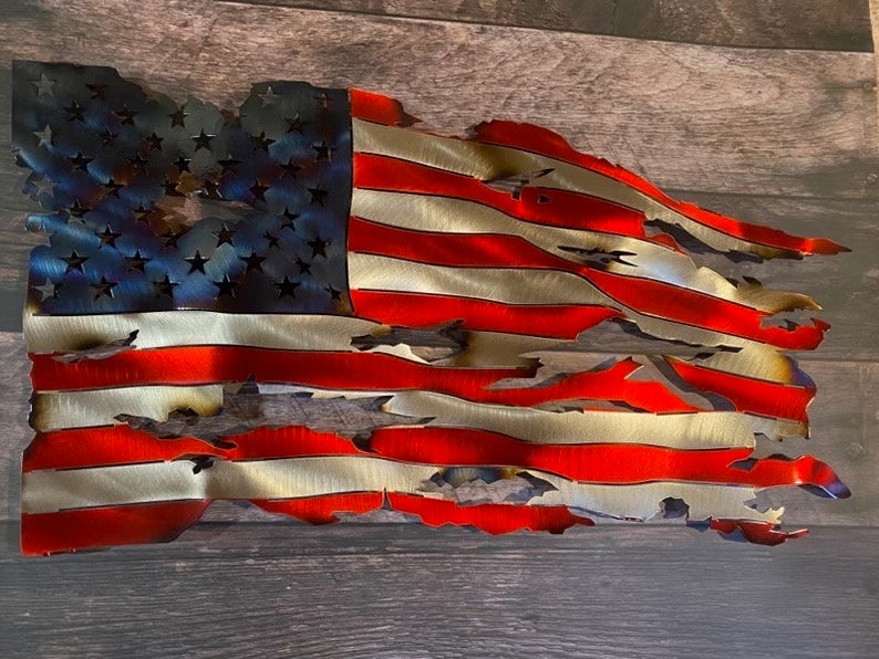 Metal American flag, steel flag, battle worn flag, torn and tattered American flag metal wall art metal art flag sign image 5