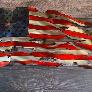 Metal American flag, steel flag, battle worn flag, torn and tattered American flag metal wall art metal art flag sign image 6