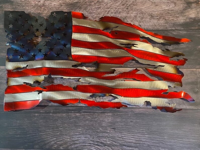 Metal American flag, steel flag, battle worn flag, torn and tattered American flag metal wall art metal art flag sign image 6
