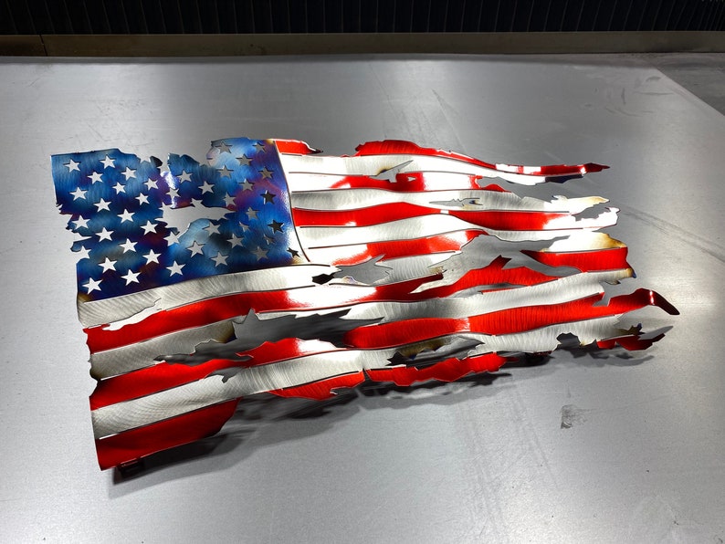 Metal American flag, steel flag, battle worn flag, torn and tattered American flag metal wall art metal art flag sign image 3