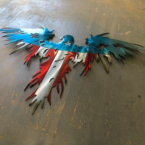 Metal Art War Bird bright blue, bald eagle art American flag tattered flag patriotic wall hangings