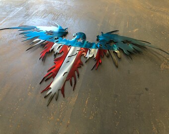 Metal Art War Bird bright blue, bald eagle art American flag tattered flag patriotic wall hangings