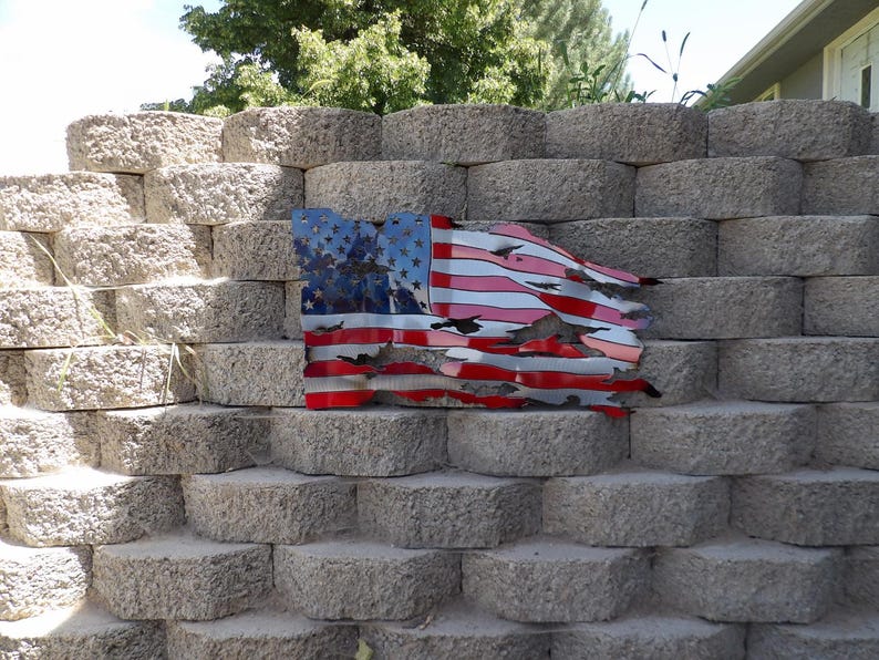 Metal American flag, steel flag, battle worn flag, torn and tattered American flag metal wall art metal art flag sign image 7