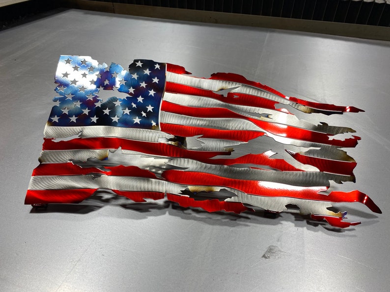 Metal American flag, steel flag, battle worn flag, torn and tattered American flag metal wall art metal art flag sign image 2