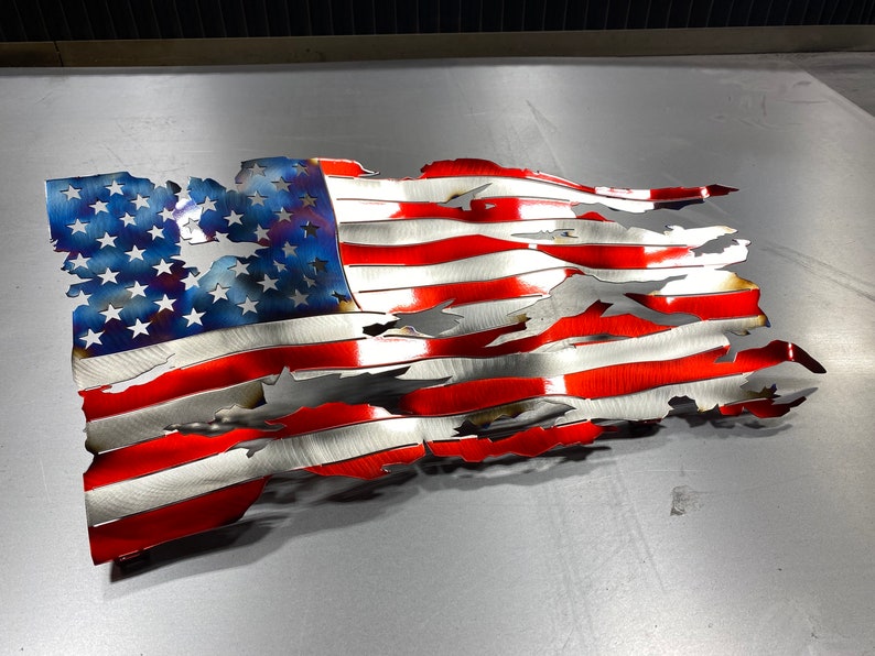 Metal American flag, steel flag, battle worn flag, torn and tattered American flag metal wall art metal art flag sign image 4
