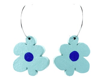 Flower Hoop Dangle Earrings, Statement Lightweight Wood Jewelry