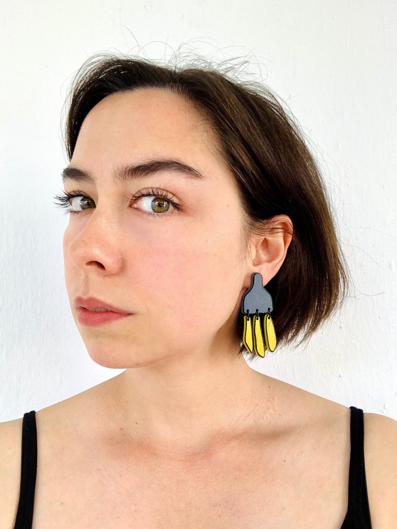 Contemporary Unique Statement Earrings, Gray and Yellow Modern Bold Jewelry image 2