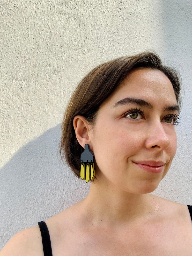 Contemporary Unique Statement Earrings, Gray and Yellow Modern Bold Jewelry image 3