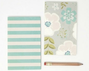Set of 2 Notepads w/Pencil // Floral + Stripes // Turquoise // Handmade Notepads  // Gifts Under 10