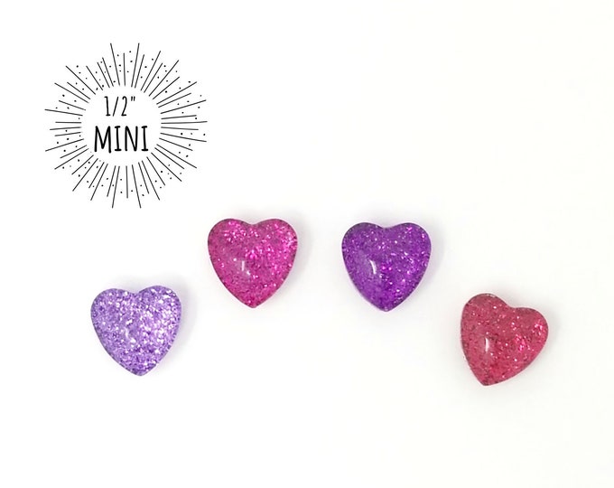 Mini Glitter Magnets // Set of 4 - 1/2" Heart-shaped Glass Magnets ...