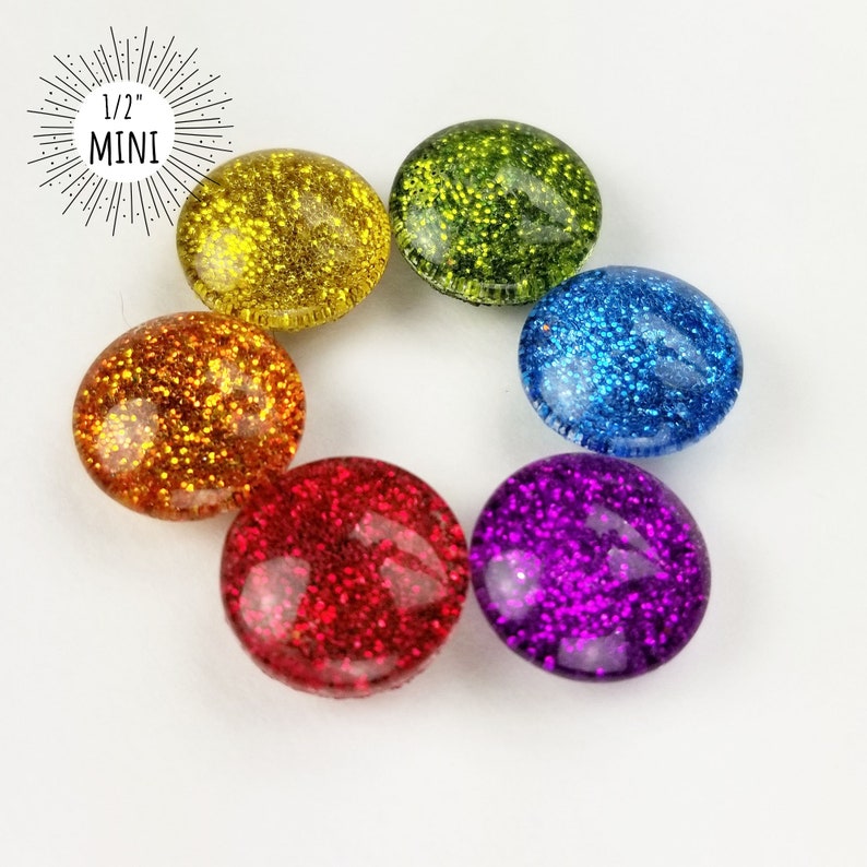 Rainbow Glitter Mini Magnets // Set of 6 - 12mm - 1/2" Round Glass ...
