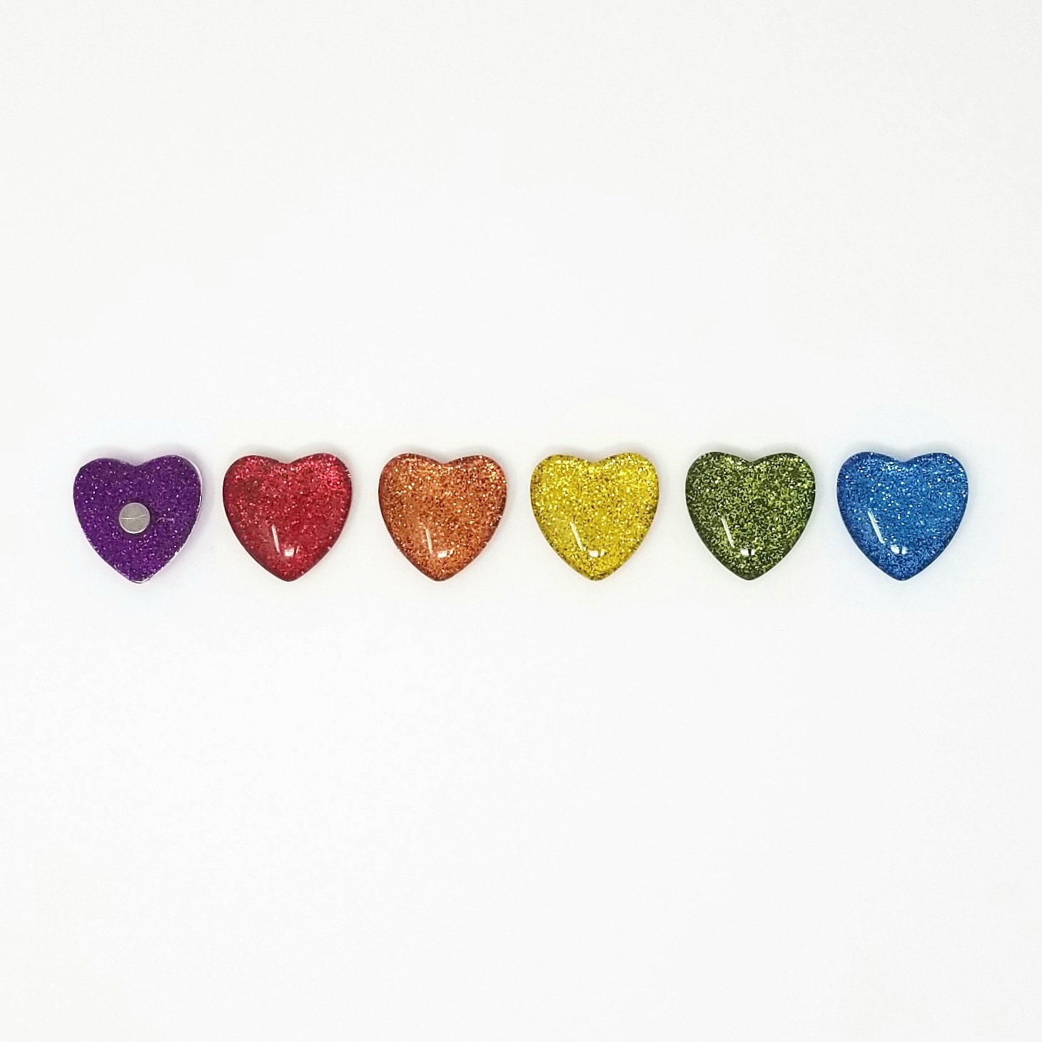 Rainbow Glitter Magnets // Set of 6 - 1” Heart-shaped Glass Magnets ...