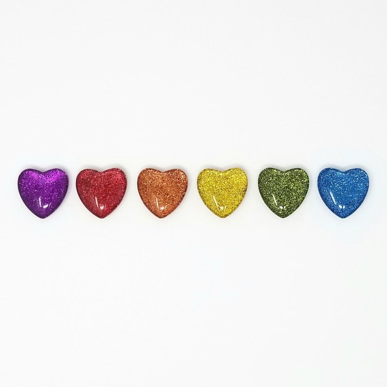Rainbow Glitter Magnets // Set of 6 - 1” Heart-shaped Glass Magnets ...