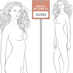 Realistic Female Fashion Figure Croquis template “RAVEN” | Side-Front Pose ONLY