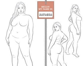 Realistic Fashion Figure Template "Natasha"  for Womenswear fashion drawing | Plus-size fashion figure template | Front and Back Pose