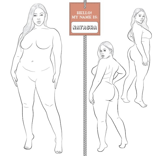 Realistische Fashion Figure Template "Natasha" voor Womenswear mode tekening | Plus-size mode figuur sjabloon | Voor- en achter pose