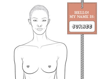 Modelo de croquis de figura de moda feminina realista “JURNEE” | Pose casual | Recursos afro-americanos | Apenas vista frontal
