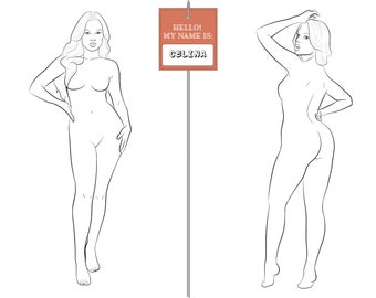 Modelo de figura de moda realista "Celina" para desenho de moda feminina | modelo de figura de moda versão A | Postura frontal e traseira