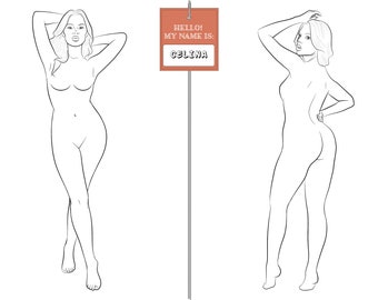 Modelo de figura de moda realista "CELINA" para desenho de moda feminina | modelo de figura de moda Versão B | Postura frontal e traseira