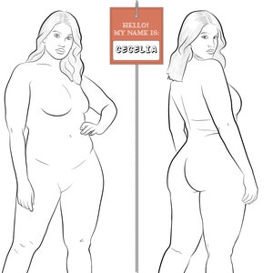 Realistic Fashion Figure Template &quot;CECELIA&quot; for Womenswear fashion drawing | Plus-size fashion figure template | Front and Back Pose