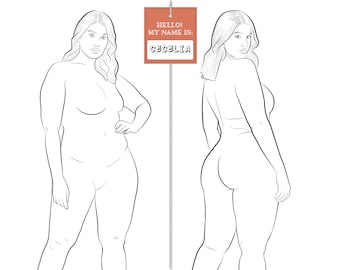 Modelo de figura de moda realista "CECELIA" para desenho de moda feminina | Modelo de figura de moda plus size | Postura frontal e traseira