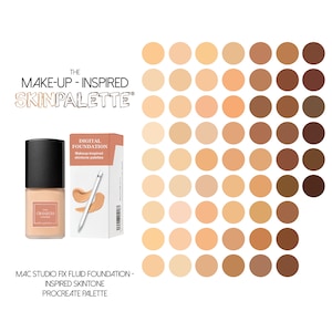Puede incluir: Una paleta de base de maquillaje digital con 64 tonos de base, que van desde los tonos claros hasta los tonos oscuros. La paleta está etiquetada como "The Make-Up - Inspired Skinpalette" y "Digital Foundation Makeup-inspired skintone palettes".