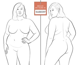 Modelo de figura de moda realista "CASSIDY" para desenho de moda feminina | Modelo de figura de moda plus size | Postura frontal e traseira