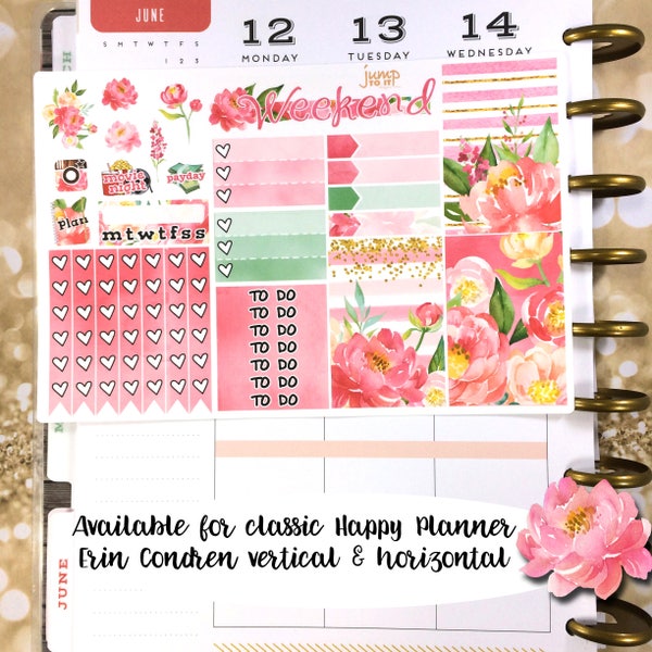 Discontinued Sale - Peonies floral spring summer sampler stickers - for Happy Planner, Erin Condren Vertical and Horizontal Planners