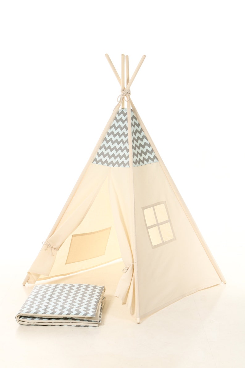 Kinder Kindergarten Tipi Baumwolle Haus. Mint grau Chevron