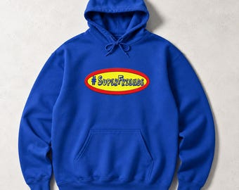 Felpa con cappuccio grafica SuperFriends Wrestling, abbigliamento per fan di wrestling, felpa blu per eventi.