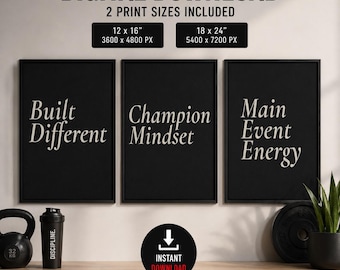 Set di 3 poster da parete per palestra, stampabili, con messaggi motivazionali per gli atleti, download digitale immediato.