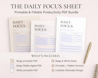 Foglio di lavoro giornaliero minimalista, PDF stampabile e compilabile per la produttività (senza data)