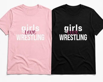 Maglietta "Girls Love Wrestling", maglietta per fan femminili, scritta rosa effetto invecchiato