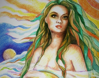 May include: A woman with long green and brown hair holds a globe in her hands. The globe is a light yellow color with blue and green continents. The woman is surrounded by a colorful background of clouds and sky.