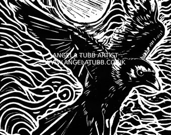 LINO PRINTED CROW A3 Artwork by Angela Tubb