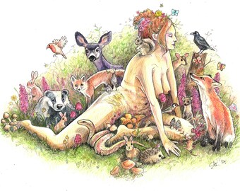 May include: A nude woman with flowers in her hair sits surrounded by a variety of animals, including a deer, fox, badger, snake, hedgehog, and birds. The woman is surrounded by lush greenery and wildflowers.