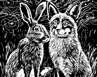 May include: Black and white linocut print of a rabbit and a fox standing side by side in a field of tall grass. The moon is above them with the words "Dare to love coexistence Friends forever" around it.