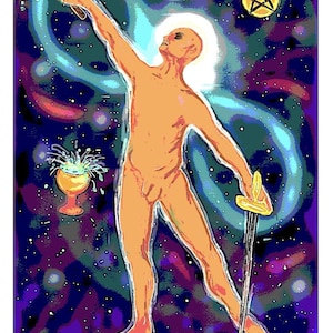 以下が含まれることがあります： タロットカードのイラストで、マジシャンが描かれています。裸の男性が立っていて、腕を上げて杖、剣、聖杯を持っています。背景は星が輝く夜空で、五芒星があります。