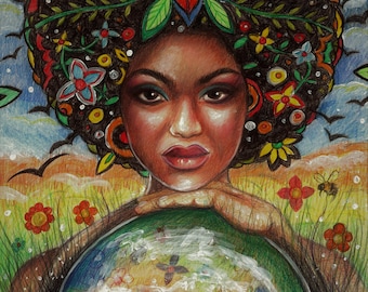 May include: A woman with dark skin and a colorful floral crown holds a globe in her hands. The globe is blue and green with white clouds and continents. The background is a colorful landscape with flowers and birds.