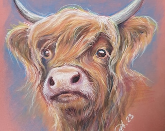 Highlsnd cow in pastel original drawing