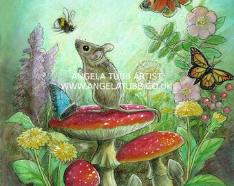 May include: A watercolour painting of a small mouse sitting on a red and white mushroom with a bee flying above. There are other mushrooms, flowers, and butterflies in the background. The text "ANGELA TUBB ARTIST www.angelatubb.co.uk" is written on the mushroom.